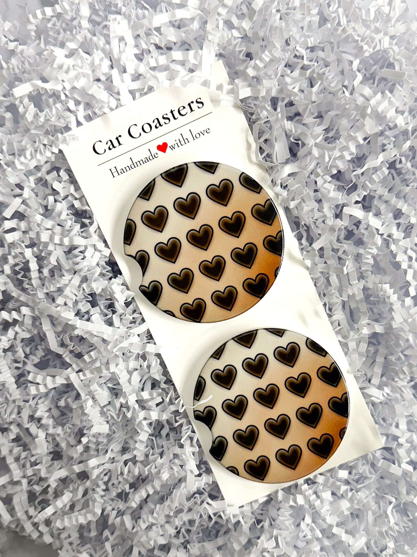 2 Pack Ceramic Car Coasters - Black Hearts with Ombre Brown