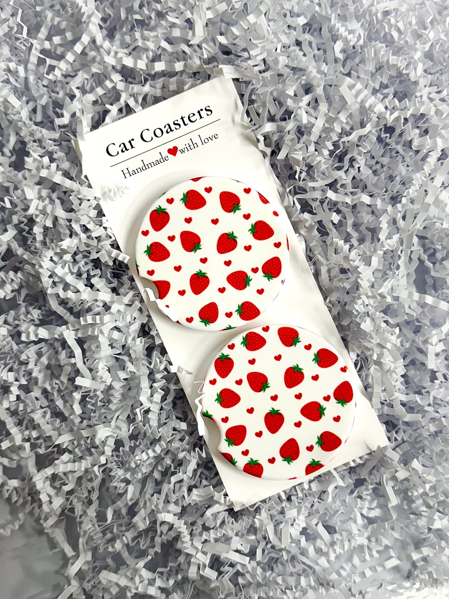 2 Pack Ceramic Car Coasters - Strawberries with Red Hearts