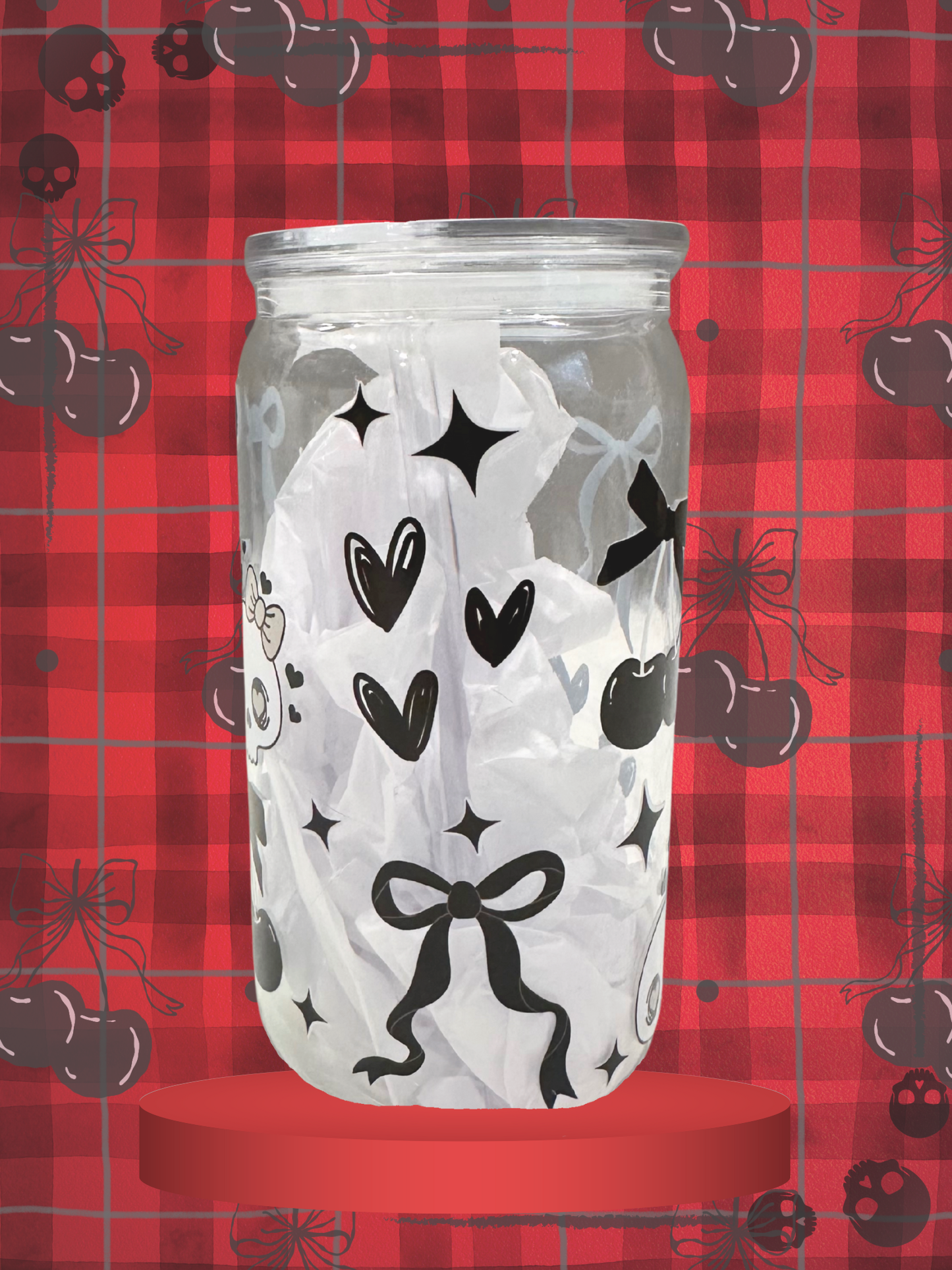 Goth Coquette Glass Can Cup with Bows, Cherries & Skull Icons (Includes Straw and Cleaner)