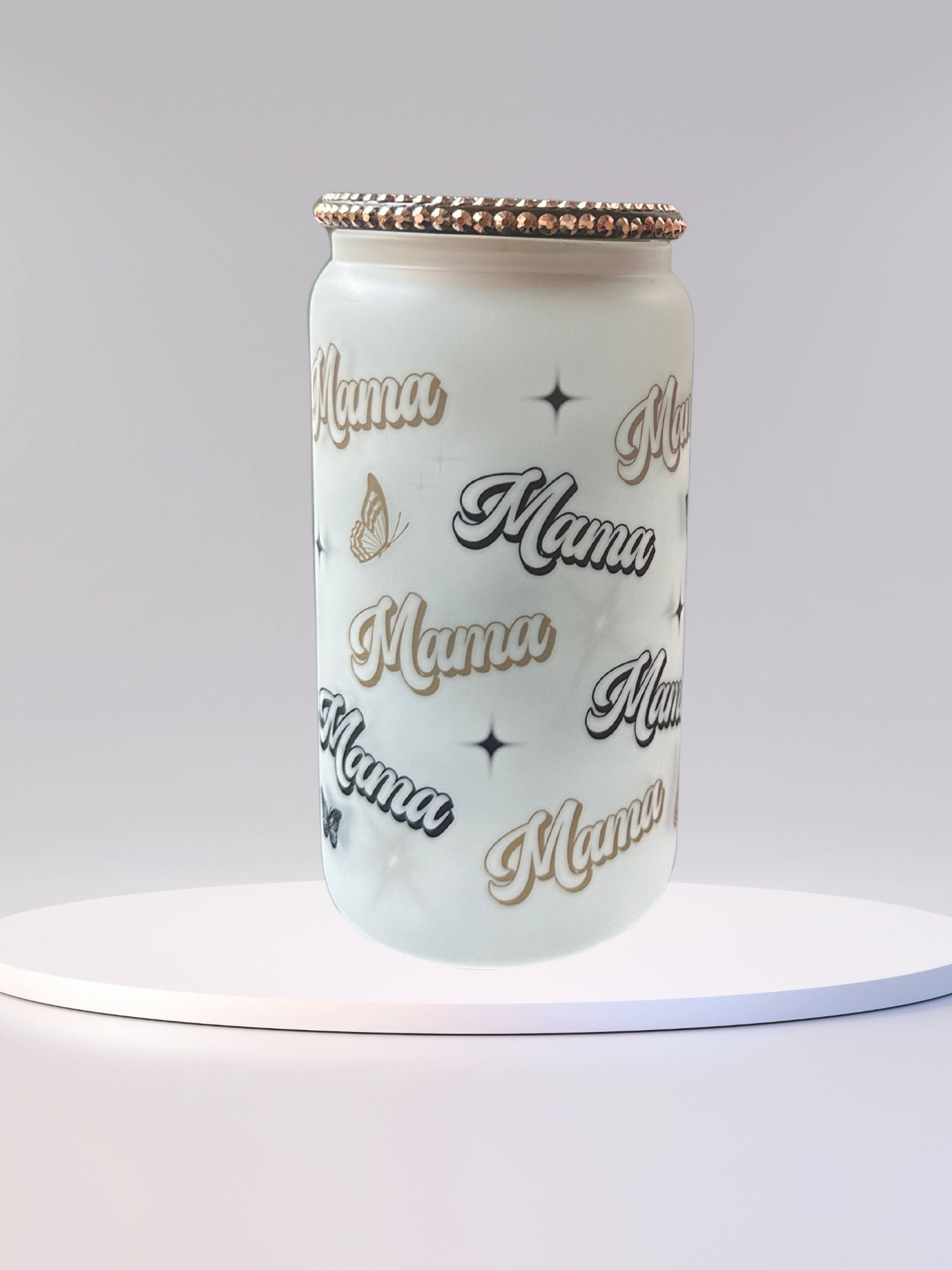 16 oz Glass Cup with Glitter Lid - Mama Glow - Mother's Day Edition (Includes Straw and Cleaner)