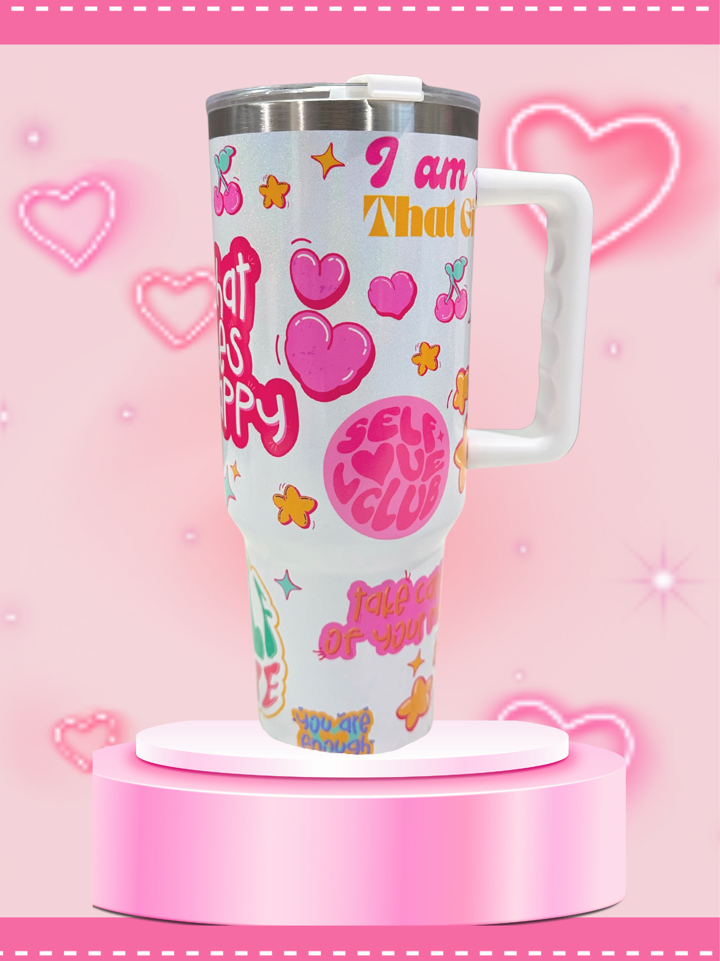 Self Love Club Pink Stainless Steel Tumbler with Handle Includes Straw and Cleaner)