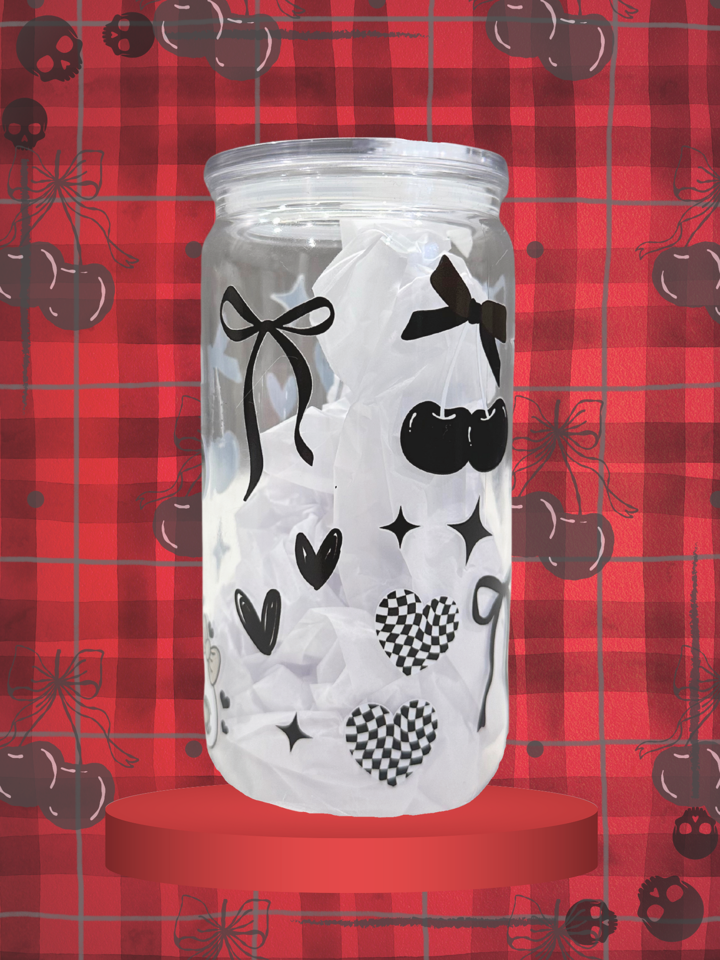 Goth Coquette Glass Can Cup with Bows, Cherries & Skull Icons (Includes Straw and Cleaner)