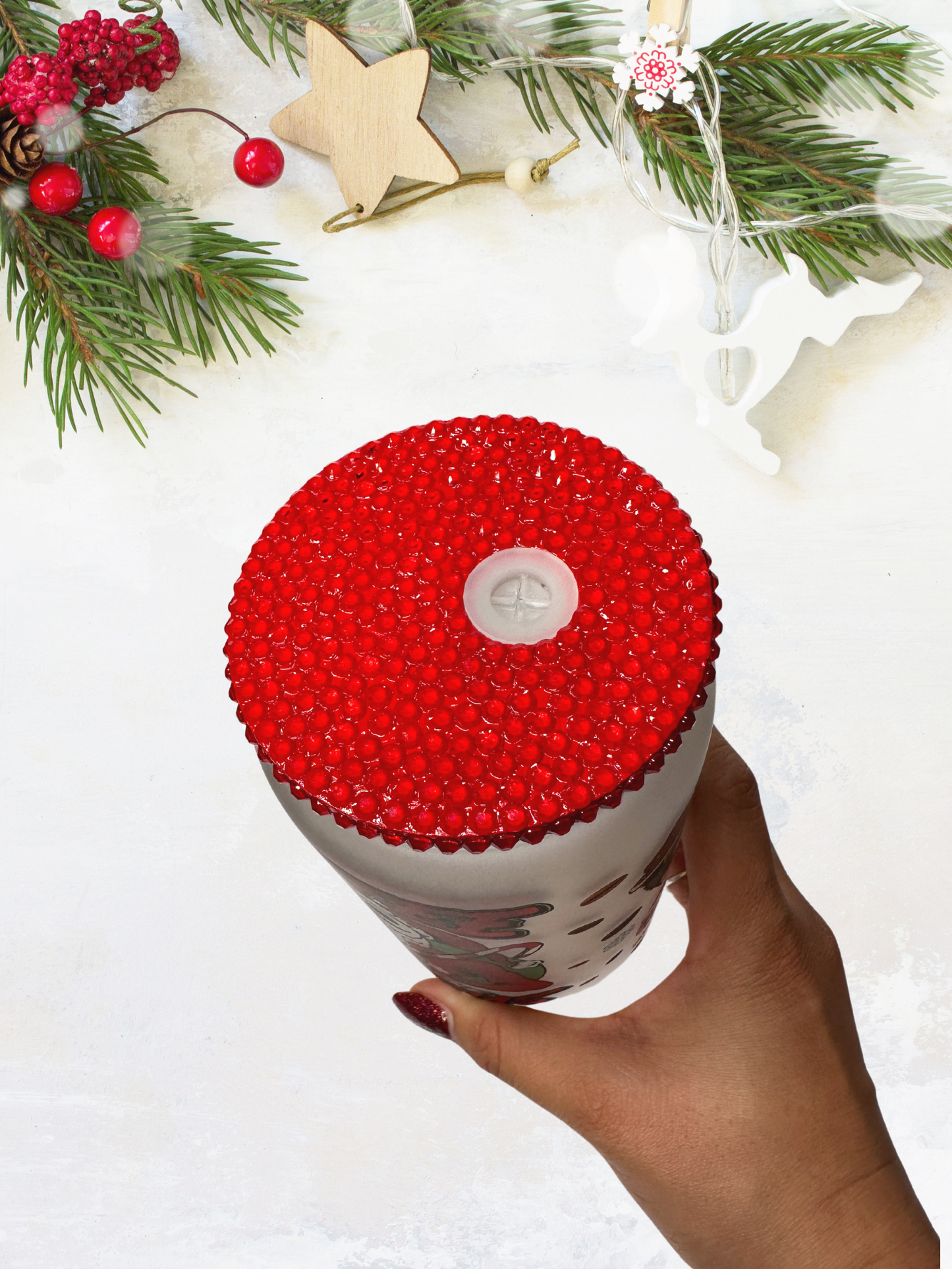 16 oz Glass Cup with Bejeweled Lid - Coffee Before Christmas (Includes Straw and Cleaner)