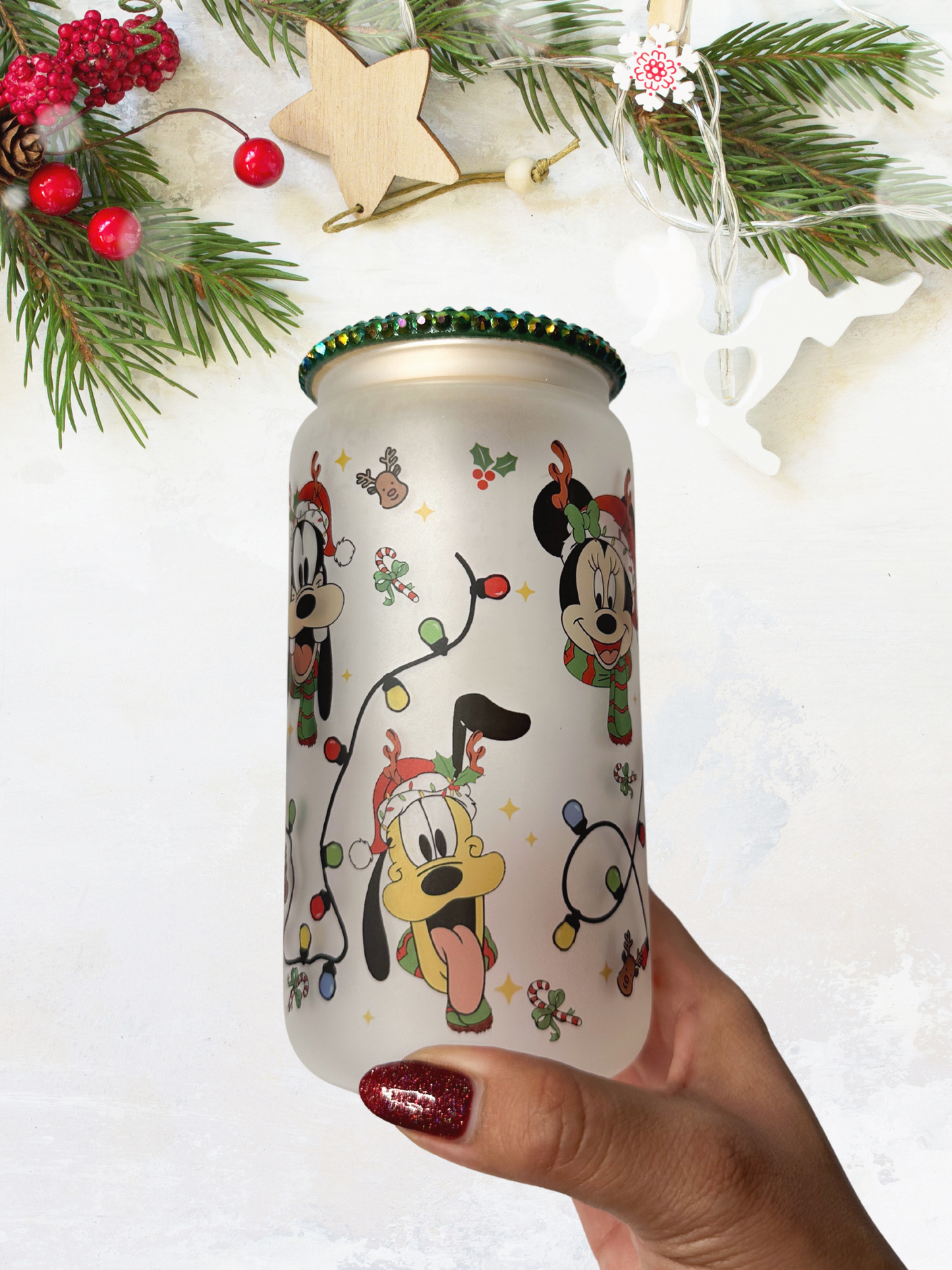 16 oz Glass Cup with Bejeweled Lid - Holiday Magic (Disney Inspired) (Includes Straw and Cleaner)