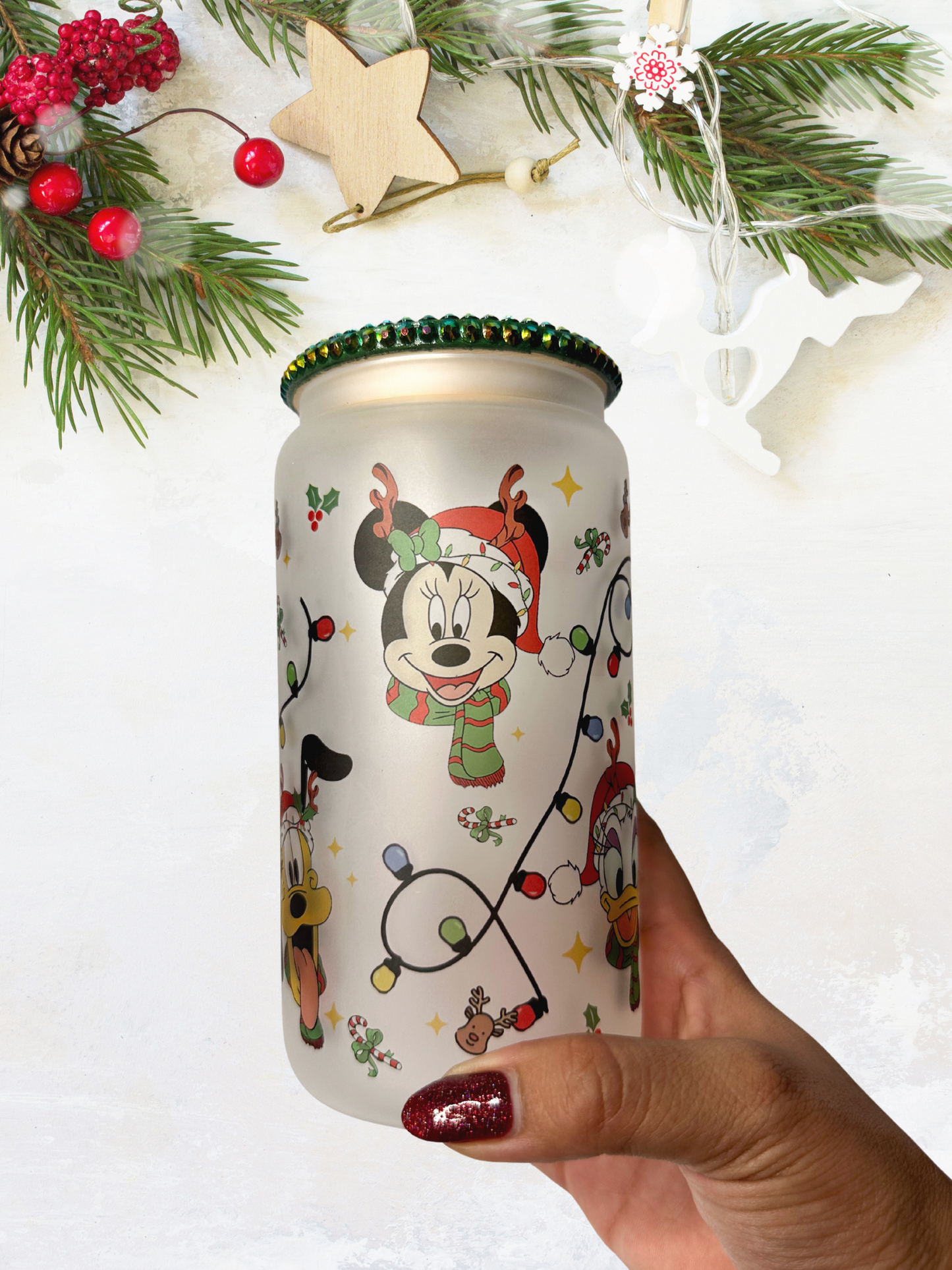 16 oz Glass Cup with Bejeweled Lid - Holiday Magic (Disney Inspired) (Includes Straw and Cleaner)