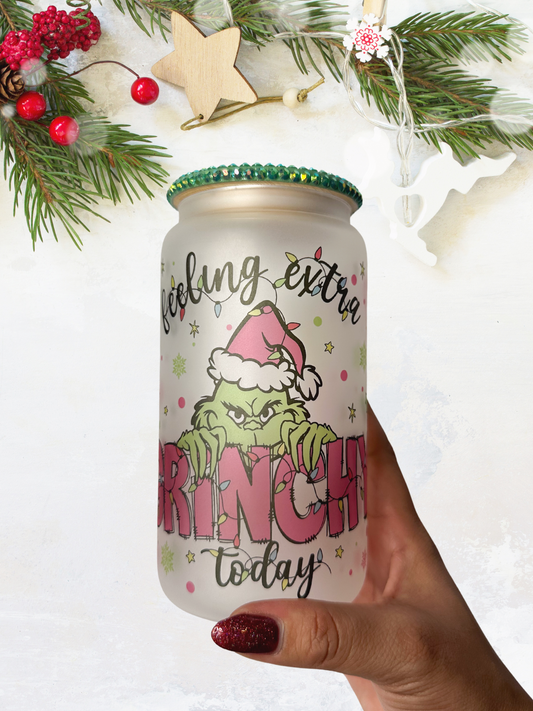 16 oz Glass Cup with Bejeweled Lid - Feeling Extra Grinchy Today (Includes Straw and Cleaner)