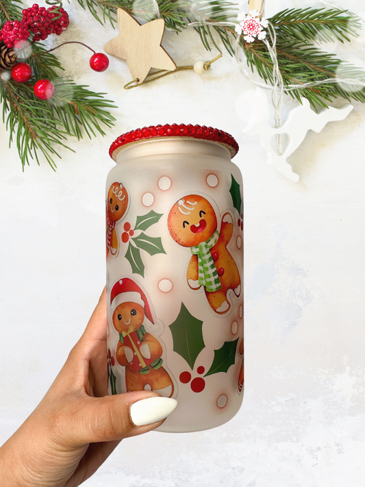 16 oz Glass Cup with Bejeweled Lid - Christmas Gingerbread (Includes Straw and Cleaner)