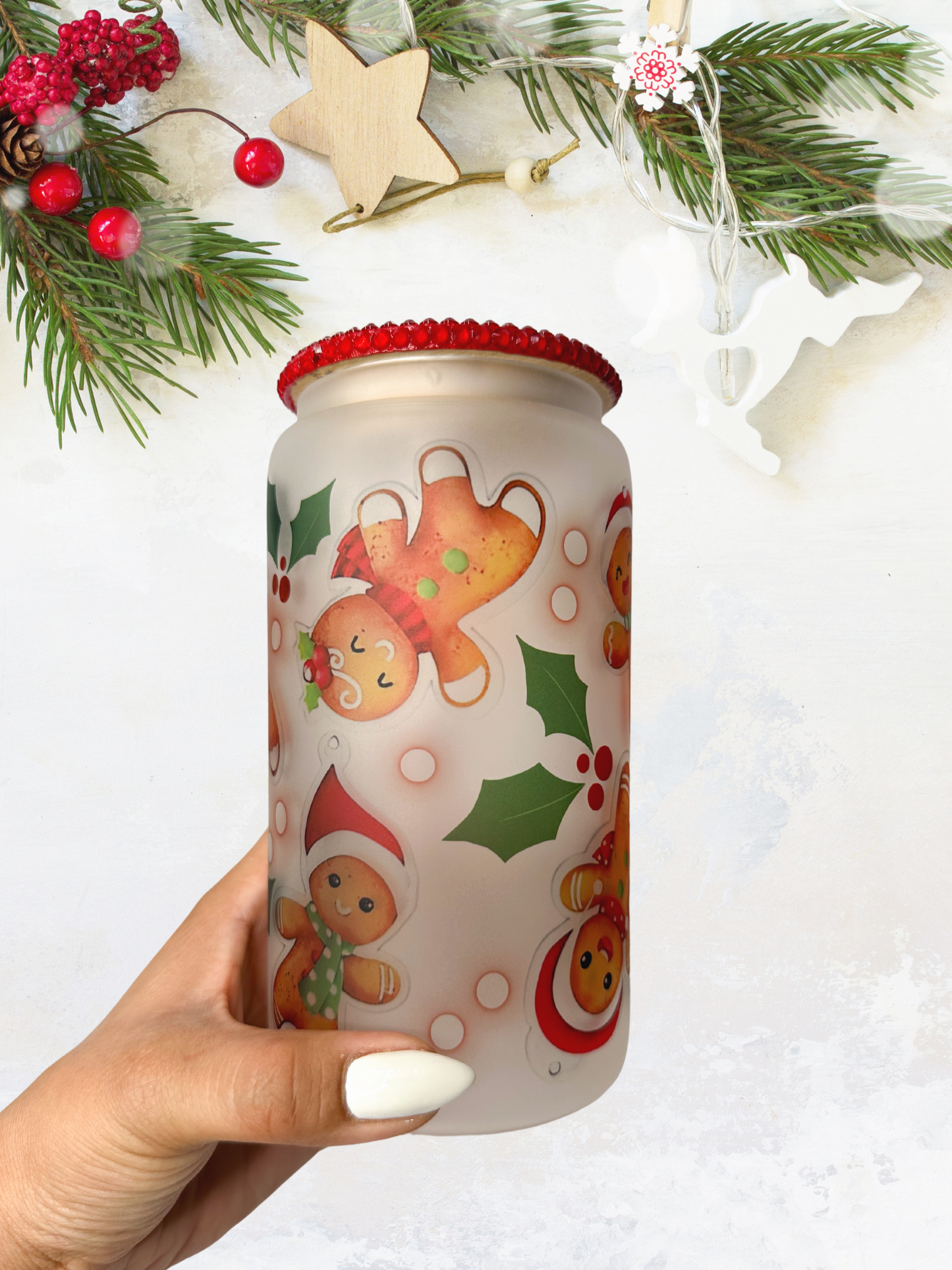 16 oz Glass Cup with Bejeweled Lid - Christmas Gingerbread (Includes Straw and Cleaner)