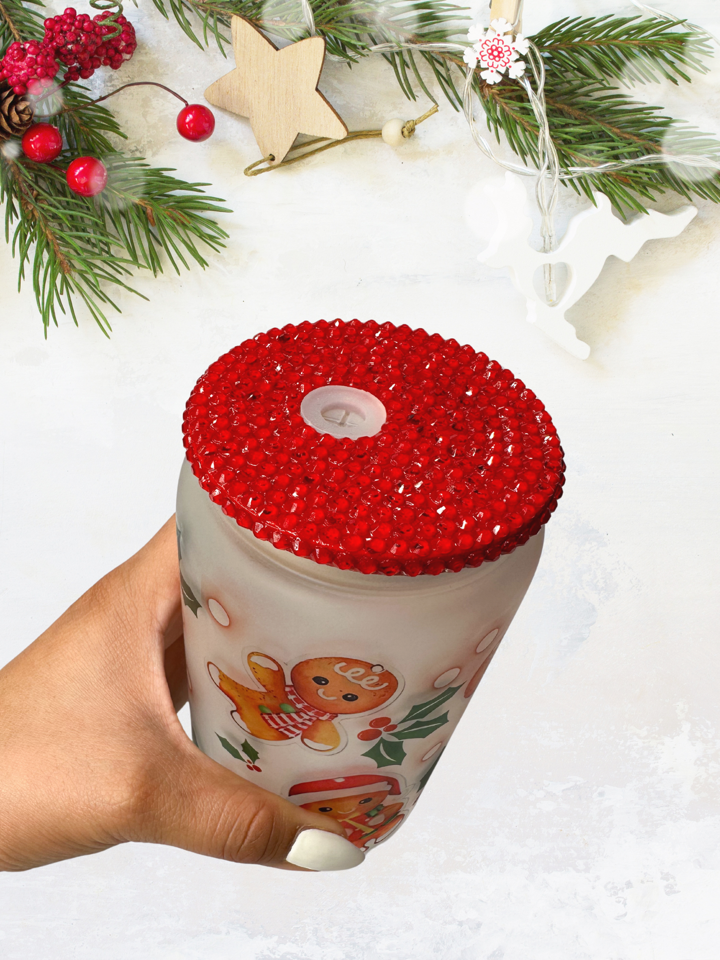 16 oz Glass Cup with Bejeweled Lid - Christmas Gingerbread (Includes Straw and Cleaner)