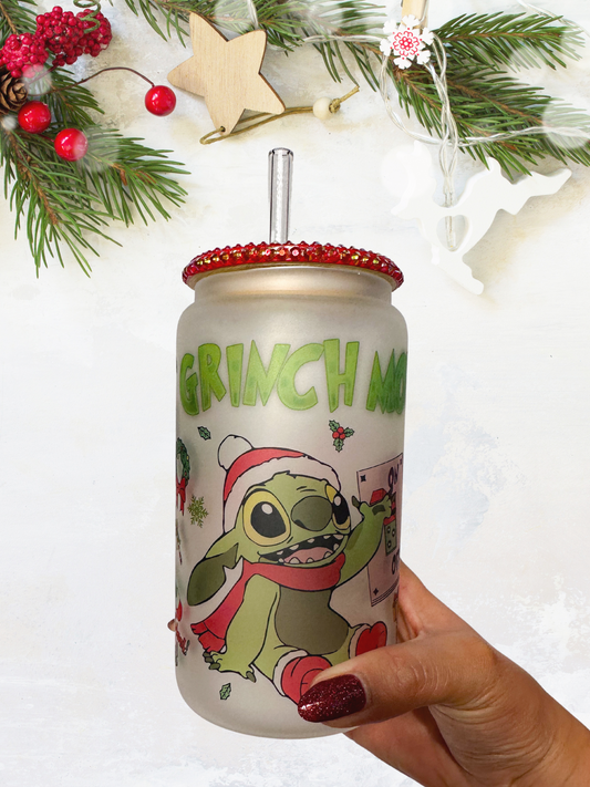 16 oz Glass Cup with Bejeweled Lid - Grinch Mode (Includes Straw and Cleaner)