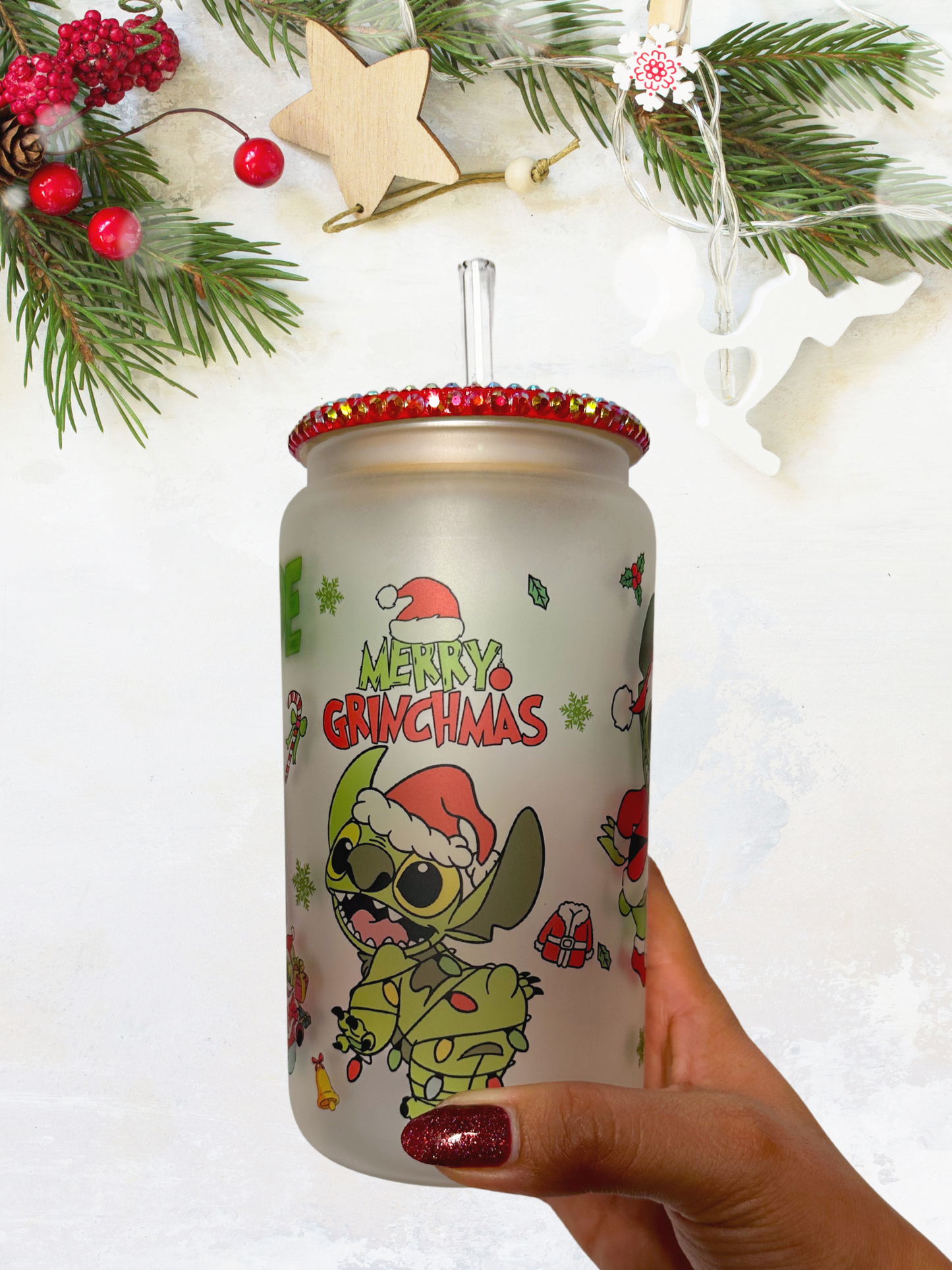 16 oz Glass Cup with Bejeweled Lid - Grinch Mode (Includes Straw and Cleaner)