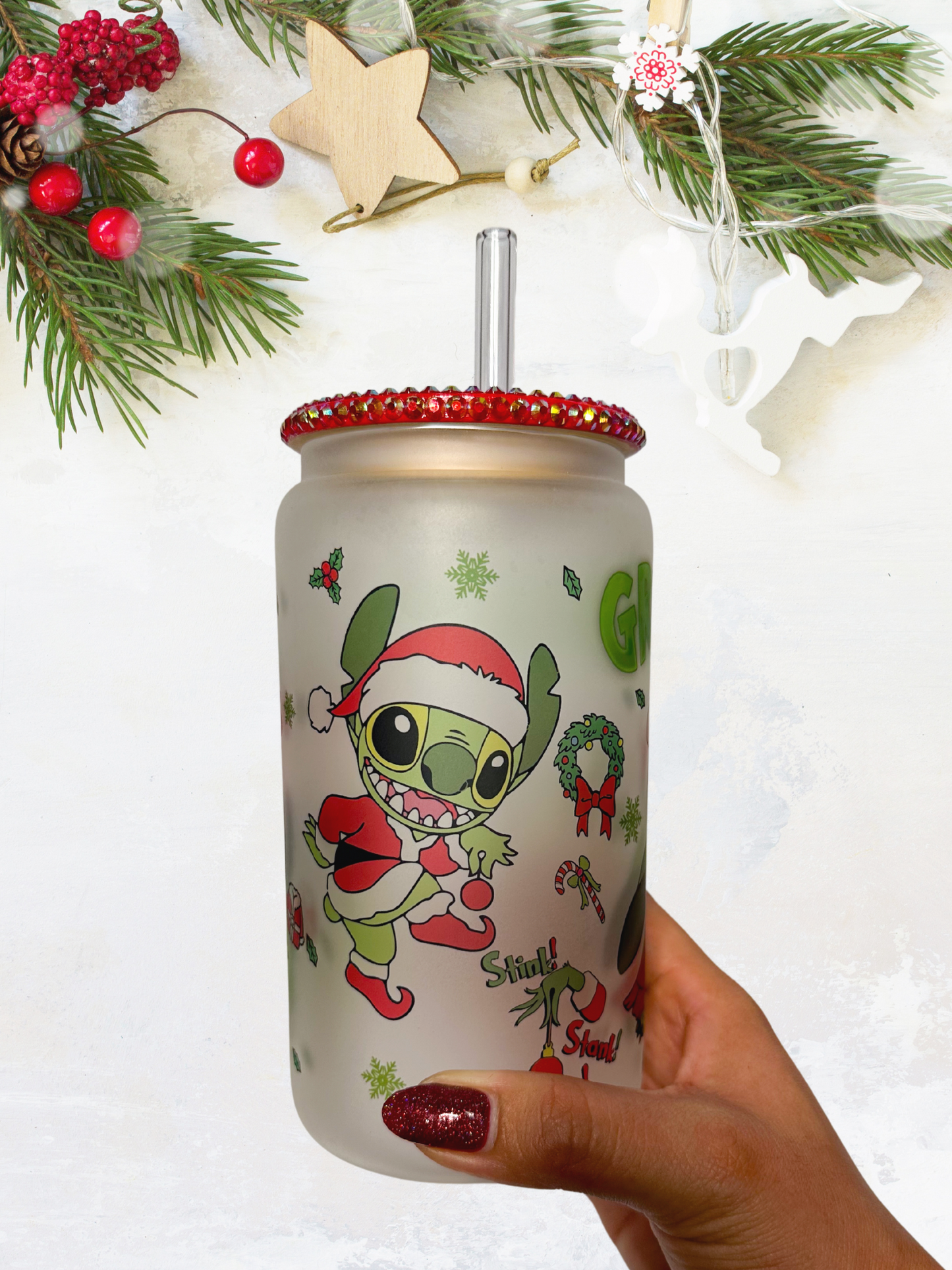 16 oz Glass Cup with Bejeweled Lid - Grinch Mode (Includes Straw and Cleaner)