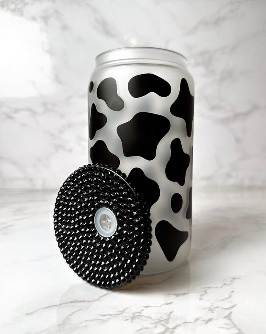 16 oz Glass Cup with Bejeweled Lid - Black Cow Print (Includes Straw and Cleaner)