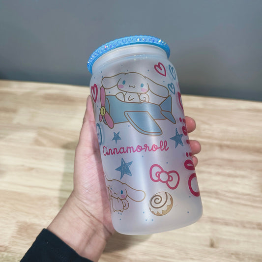 16 oz Glass Cup with Bejeweled Lid - Cinnamoroll (Includes Straw and Cleaner)