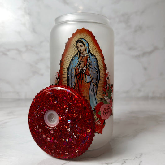 16 oz Glass Cup with Bejeweled Lid - Virgin Mary (Includes Straw and Cleaner)