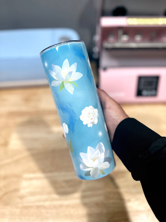 20 oz Stainless Steel Tumbler - Blue Flowers (Includes Straw and Cleaner)