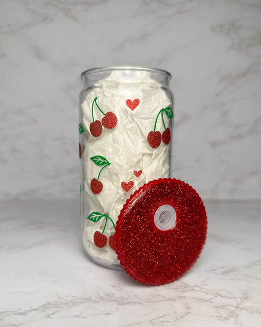 16 oz Plastic Cup with Bejeweled Lid - Cherries and Hearts (Includes Straw and Cleaner)