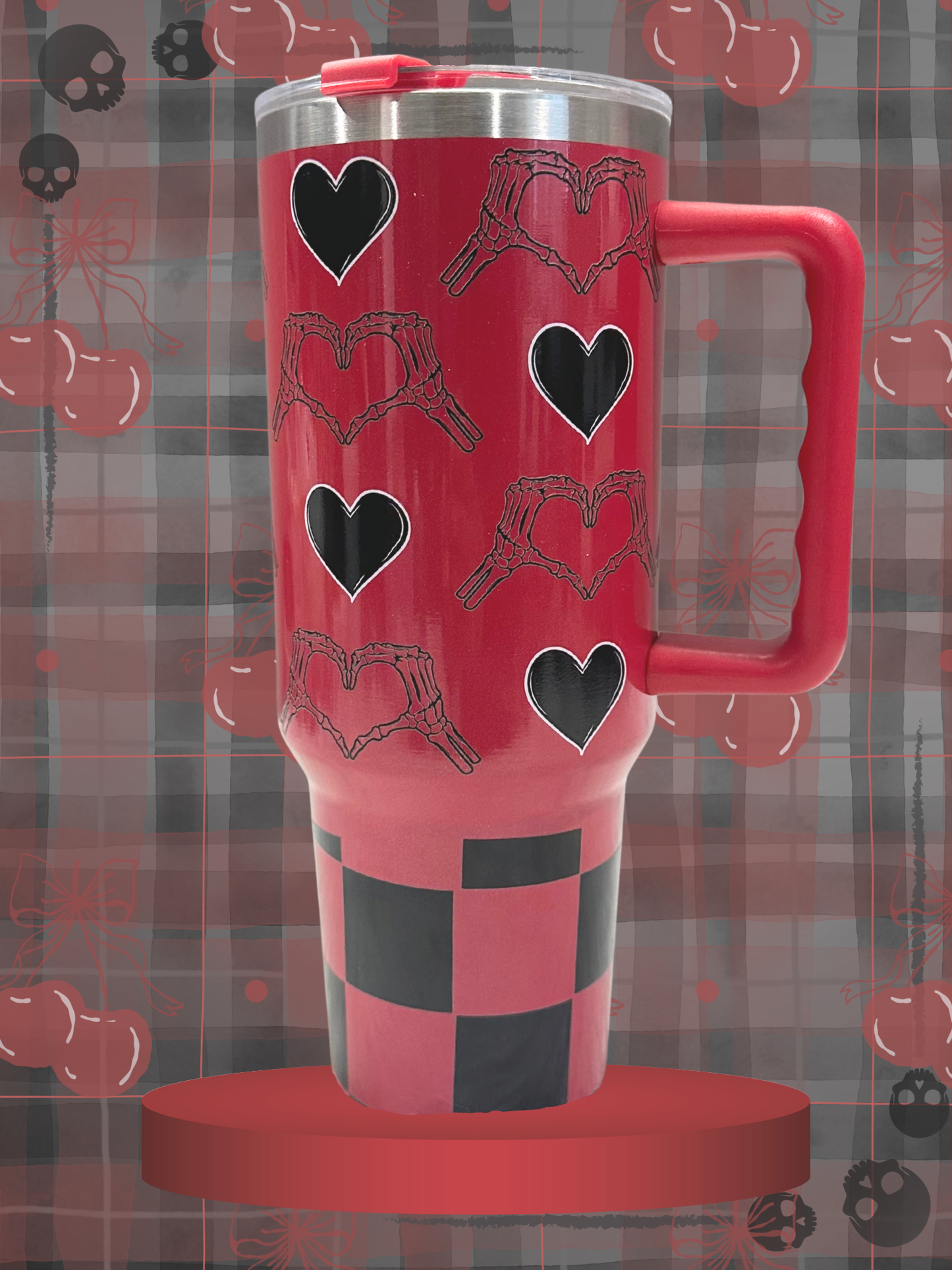 Goth Heart Stainless Steel Tumbler with Handle | Red & Black Skeleton Hand Heart (Includes Straw and Cleaner)