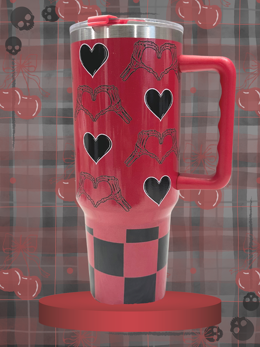 Goth Heart Stainless Steel Tumbler with Handle | Red & Black Skeleton Hand Heart (Includes Straw and Cleaner)