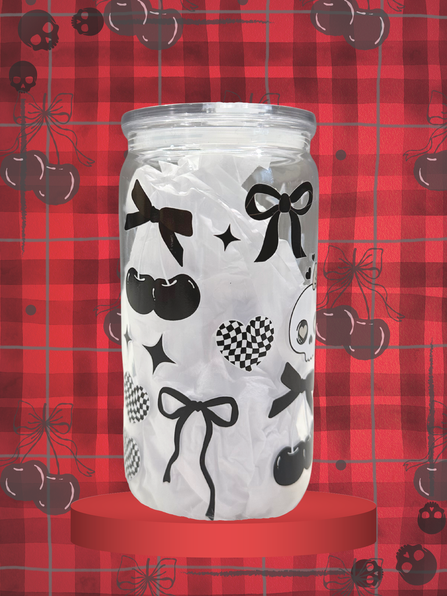 Goth Coquette Glass Can Cup with Bows, Cherries & Skull Icons (Includes Straw and Cleaner)