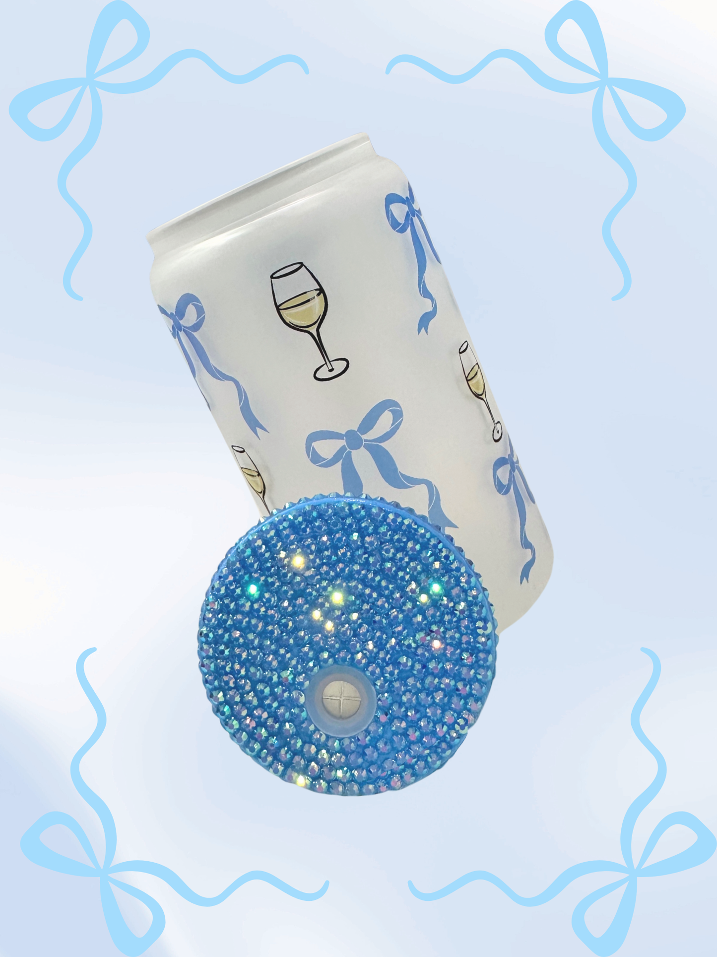 16 oz Glass Cup with Bejeweled Lid -Blue Coquette Wine Glass (Includes Straw and Cleaner)