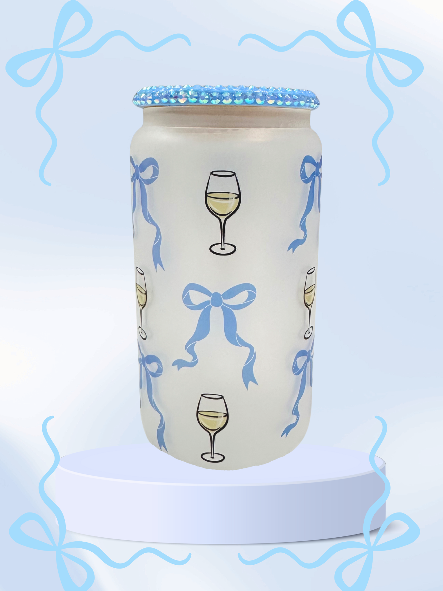 16 oz Glass Cup with Bejeweled Lid -Blue Coquette Wine Glass (Includes Straw and Cleaner)