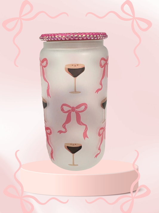 16 oz Glass Cup with Bejeweled Lid - Expresso Martini X Coquette (Includes Straw and Cleaner)