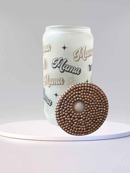 16 oz Glass Cup with Glitter Lid - Mama Glow - Mother's Day Edition (Includes Straw and Cleaner)