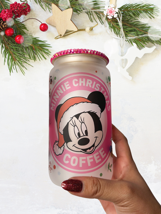 16 oz Glass Cup with Bejeweled Lid - Minnie Christmas Coffee (Includes Straw and Cleaner)