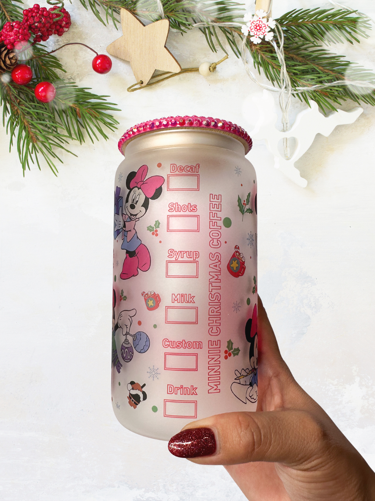 16 oz Glass Cup with Bejeweled Lid - Minnie Christmas Coffee (Includes Straw and Cleaner)