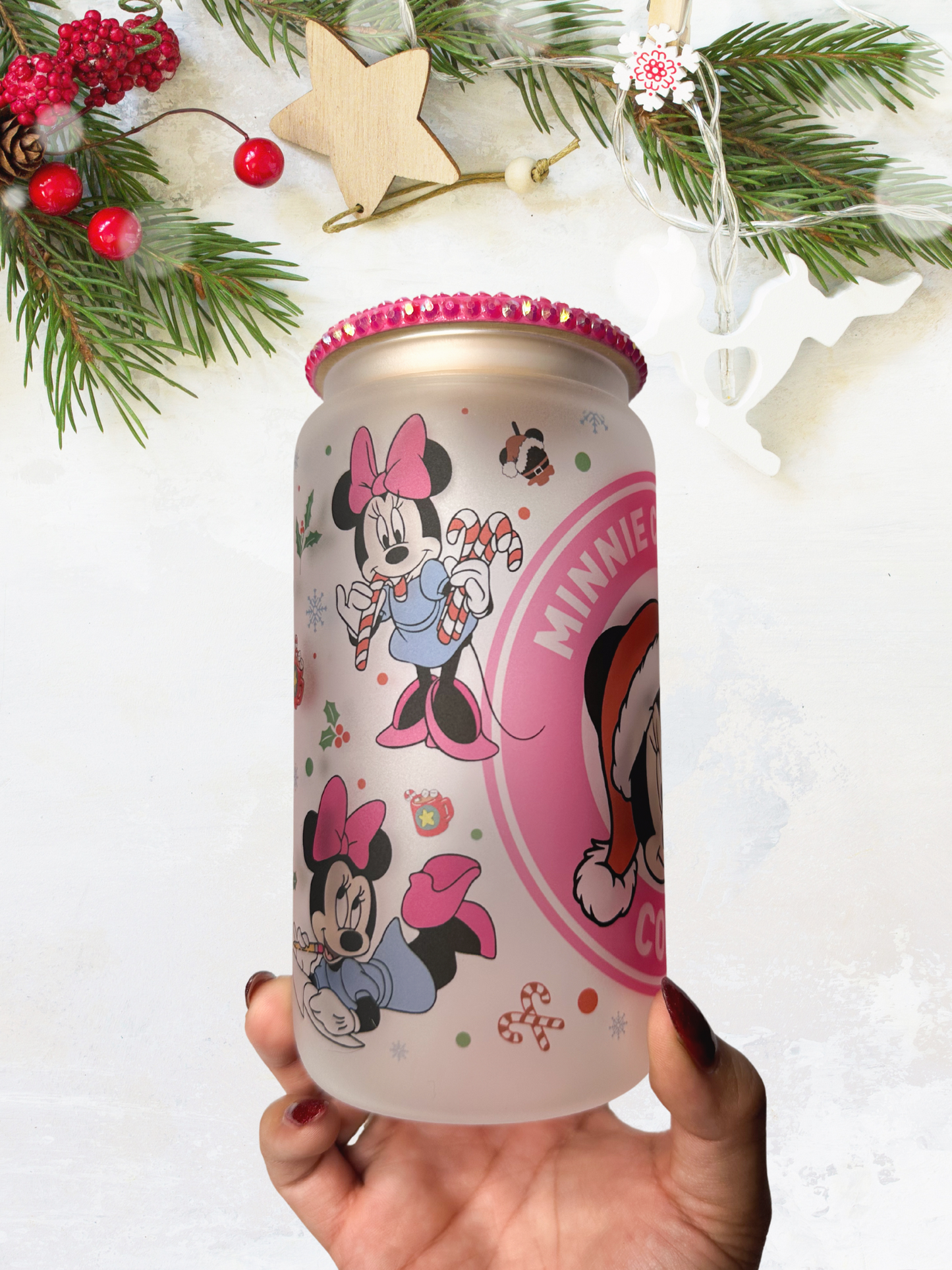 16 oz Glass Cup with Bejeweled Lid - Minnie Christmas Coffee (Includes Straw and Cleaner)