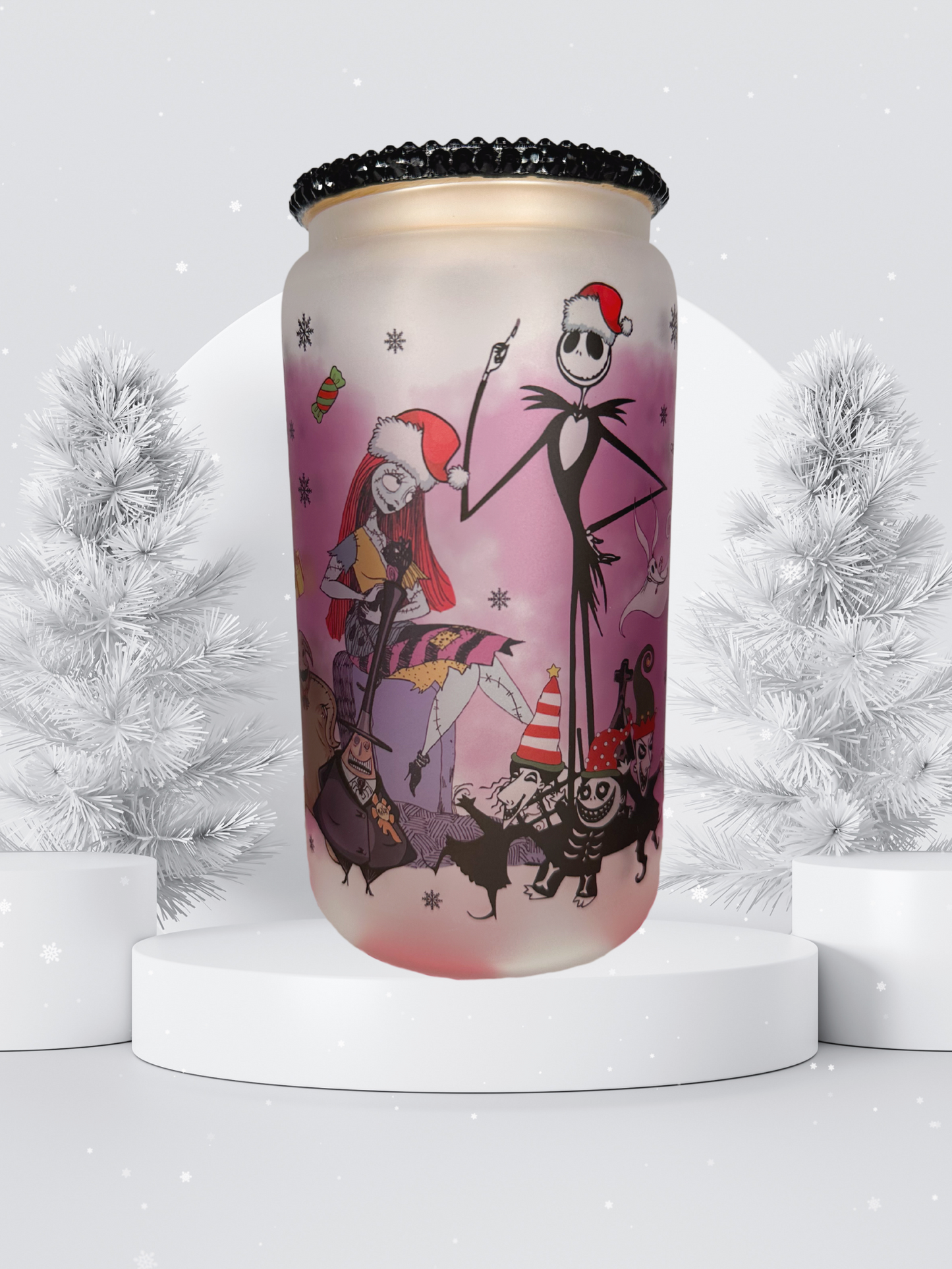 16 oz Glass Cup with Bejeweled Lid - Nightmare Before Christmas (Includes Straw and Cleaner)