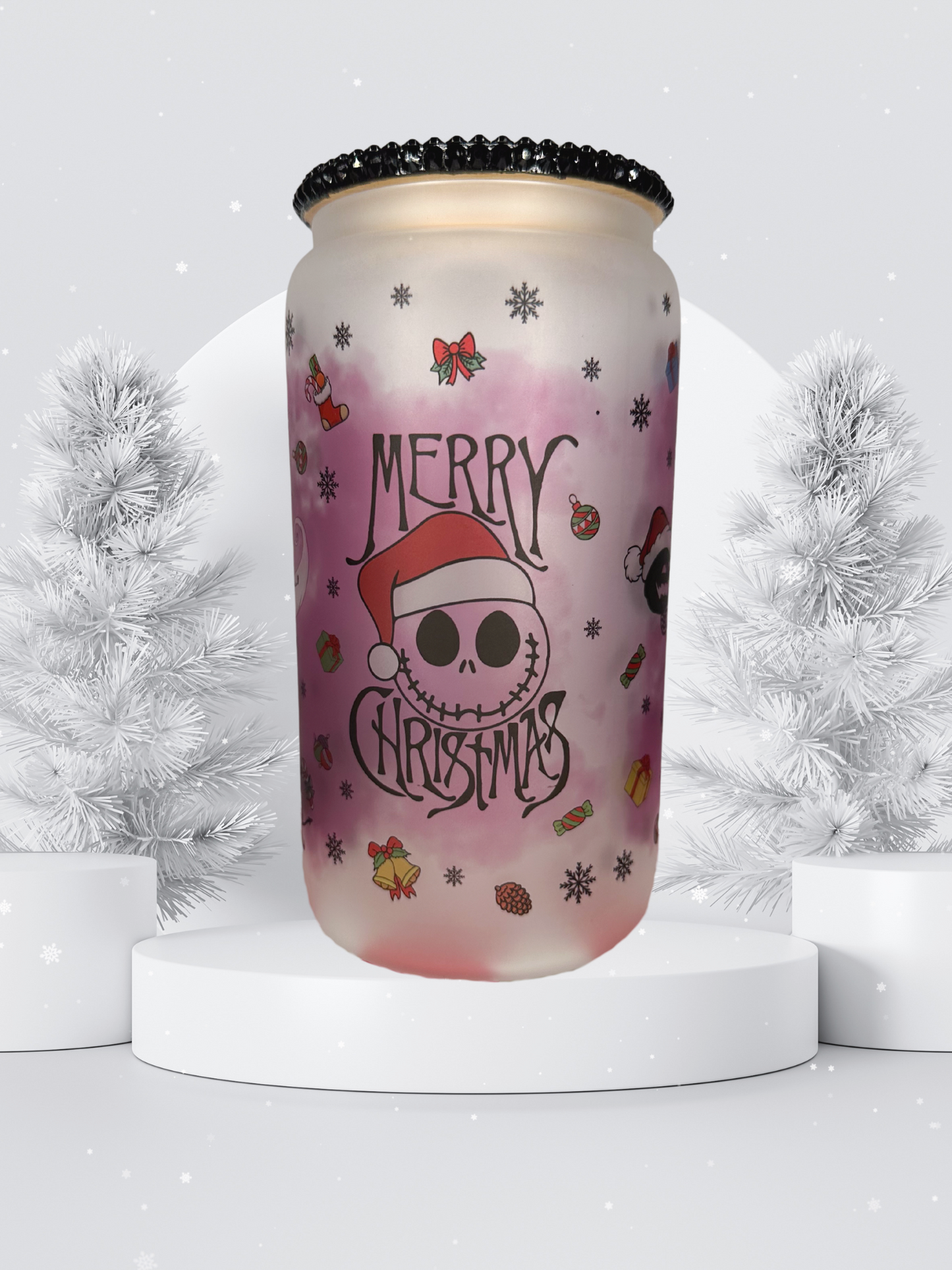 16 oz Glass Cup with Bejeweled Lid - Nightmare Before Christmas (Includes Straw and Cleaner)