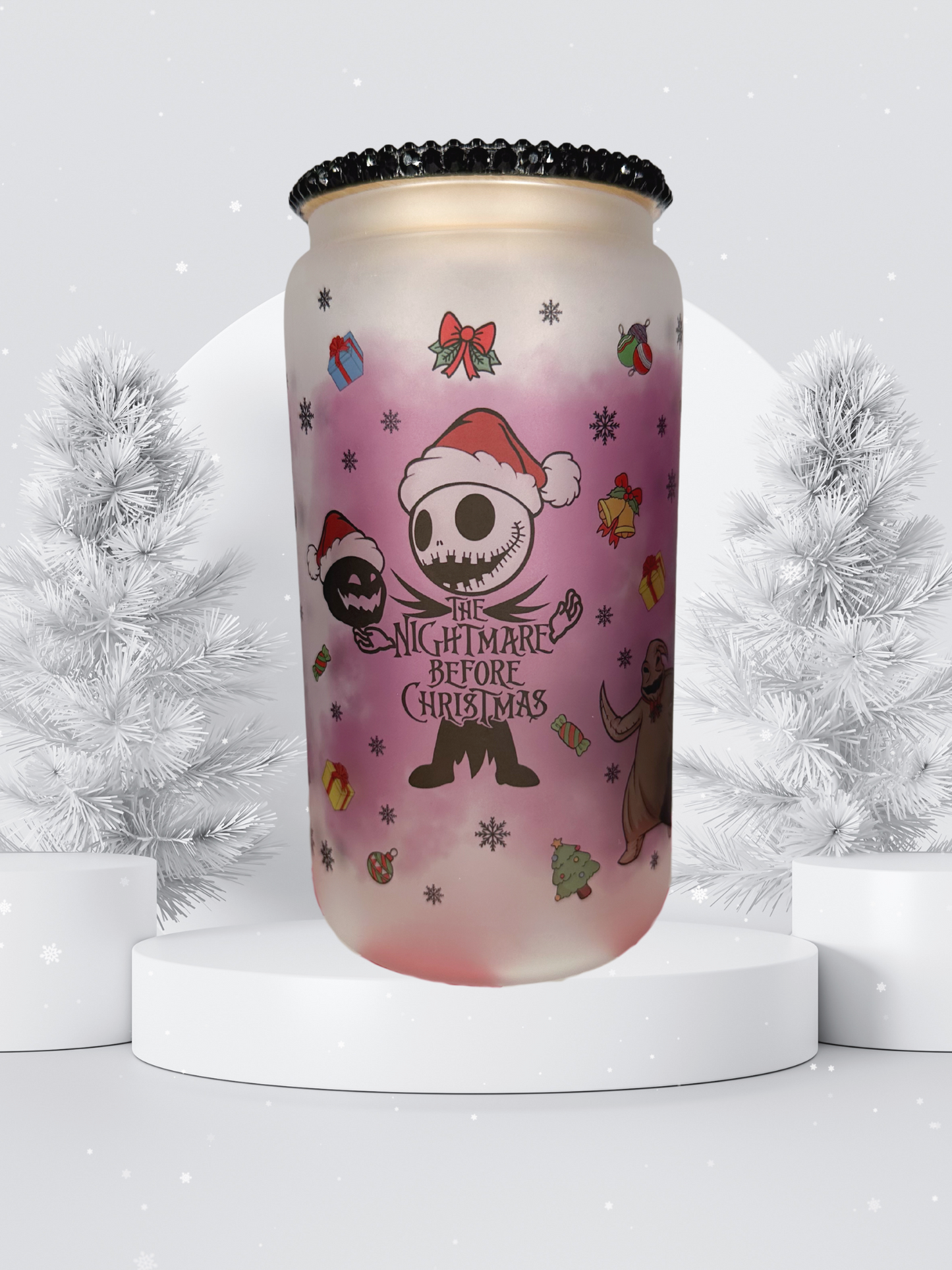 16 oz Glass Cup with Bejeweled Lid - Nightmare Before Christmas (Includes Straw and Cleaner)