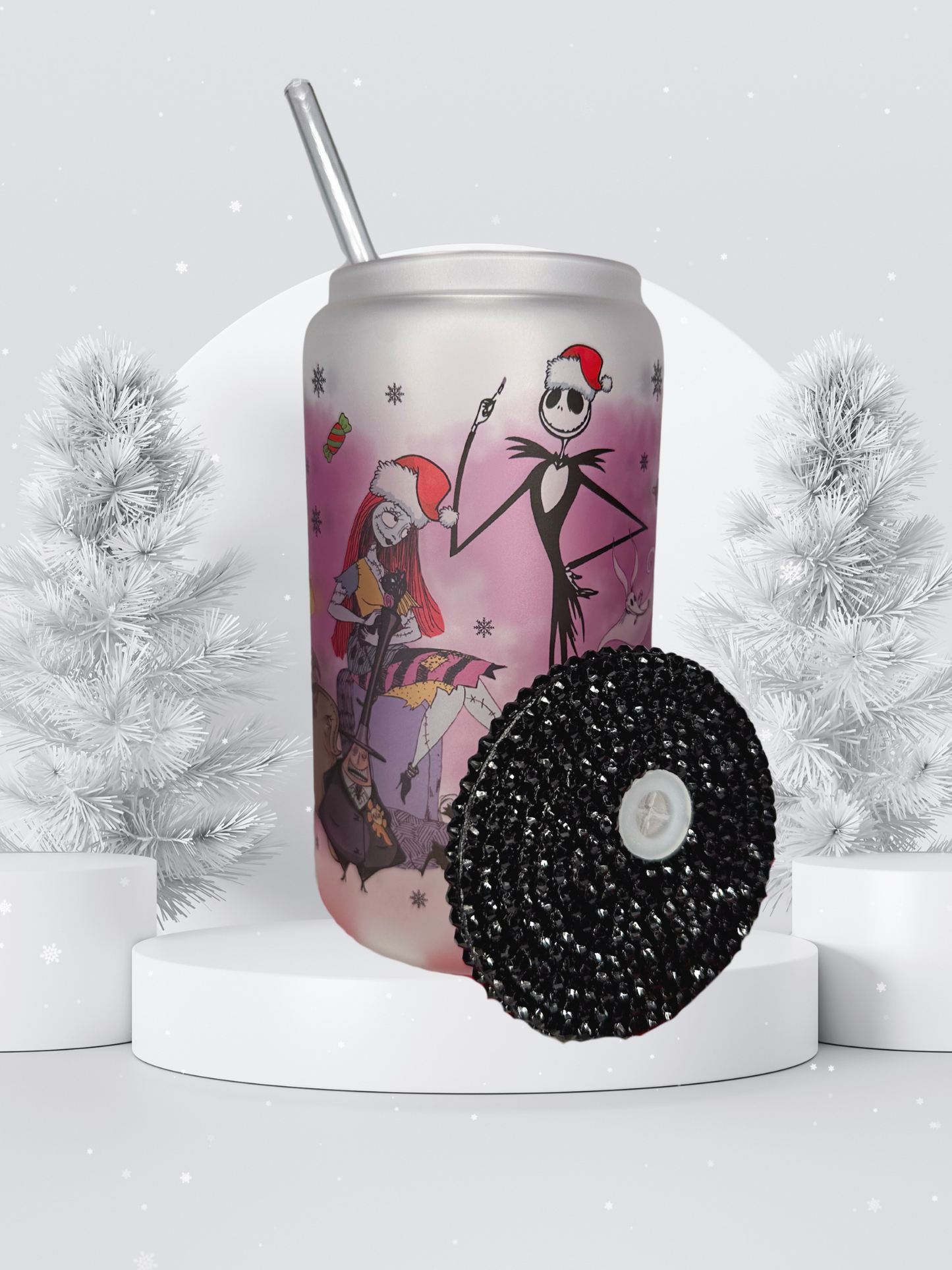 16 oz Glass Cup with Bejeweled Lid - Nightmare Before Christmas (Includes Straw and Cleaner)