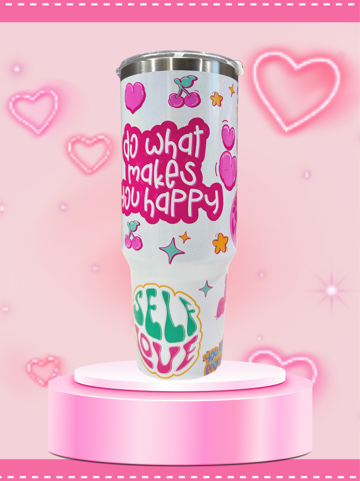 Self Love Club Pink Stainless Steel Tumbler with Handle Includes Straw and Cleaner)