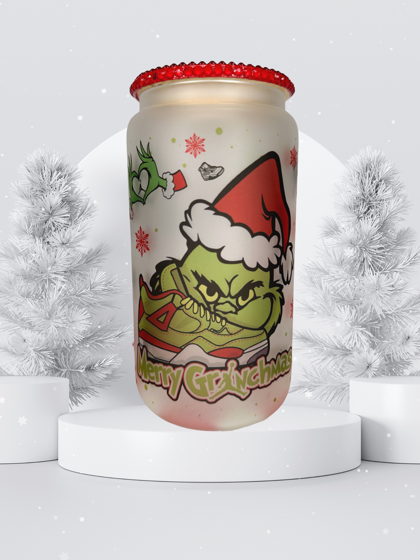 16 oz Glass Cup with Bejeweled Lid - Sneaker Merry Grinchmas (Includes Straw and Cleaner)