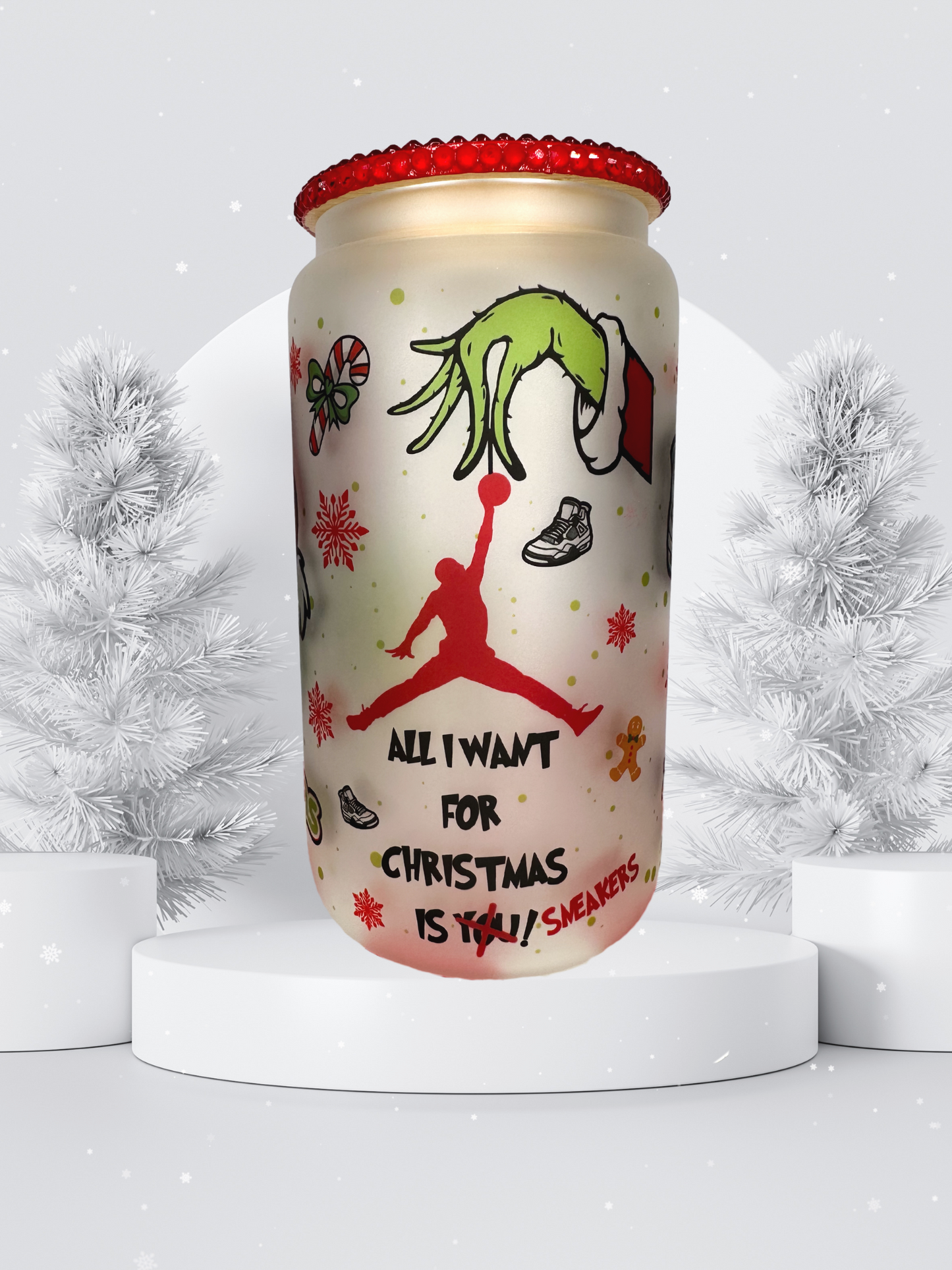 16 oz Glass Cup with Bejeweled Lid - Sneaker Merry Grinchmas (Includes Straw and Cleaner)