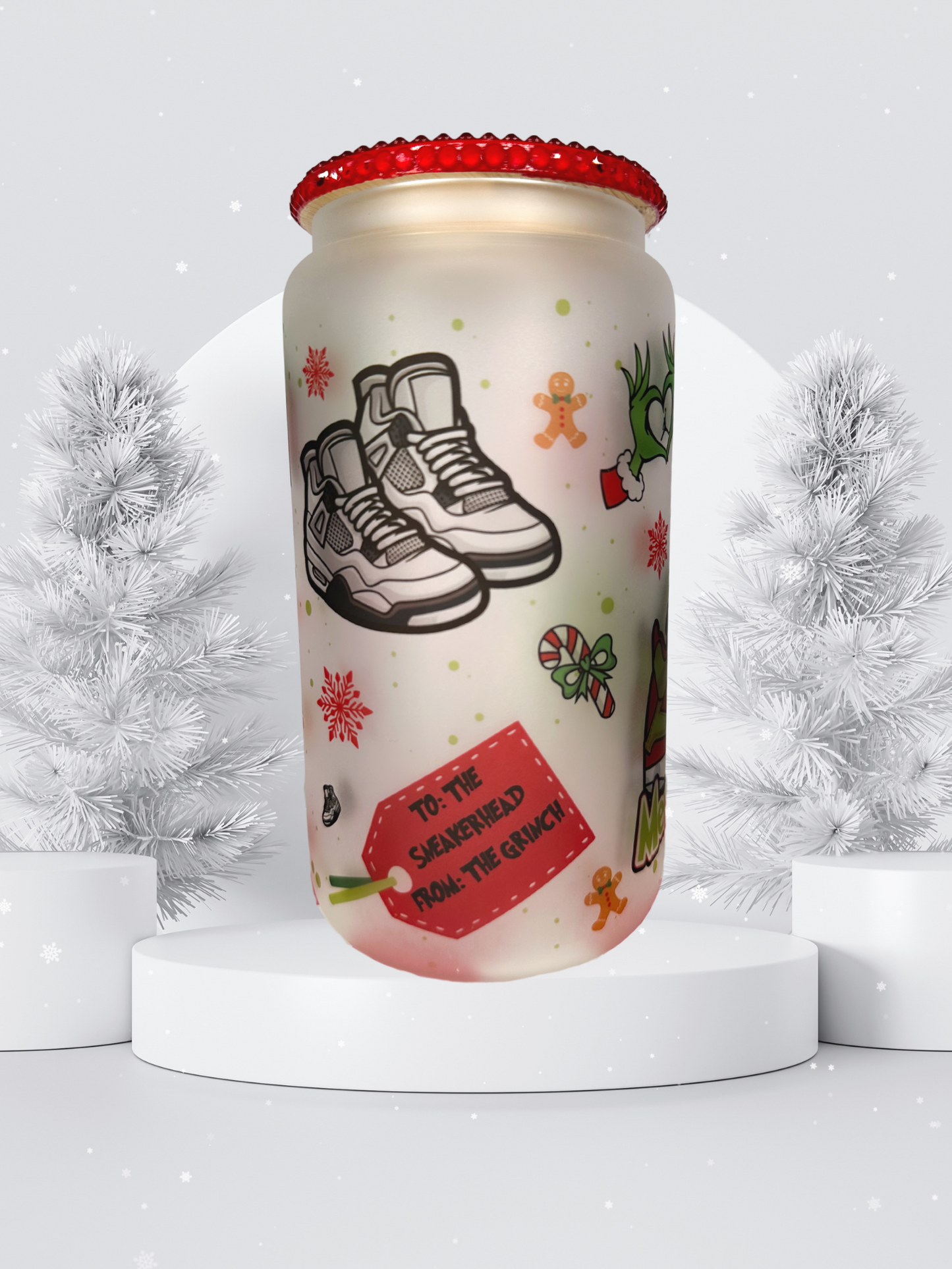 16 oz Glass Cup with Bejeweled Lid - Sneaker Merry Grinchmas (Includes Straw and Cleaner)